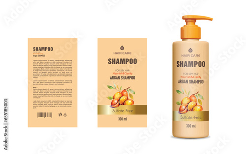 Argan oil Shampoo Label Design, Vector, Shampoo, Vector label design, EPS Package, Hair shampoo Label Design, Orange shampoo mockup and label. packaging design	
 photo