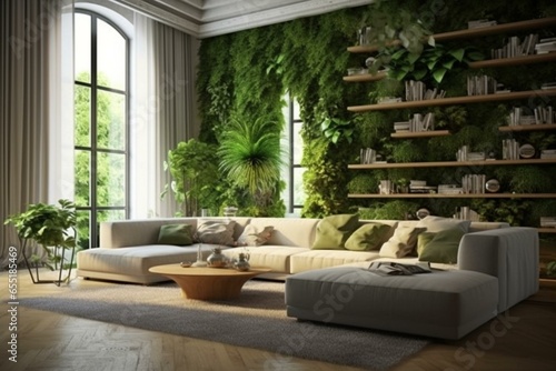 Contemporary lounge with sleek sofa, coffee table and lush greenery. Generative AI