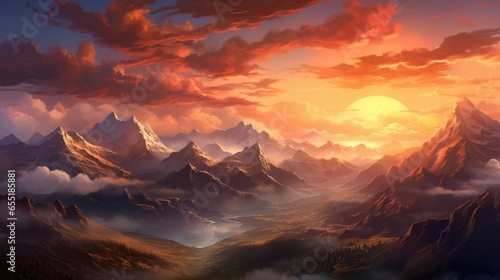 A majestic mountain range at sunrise or sunset - generative AI © Nad