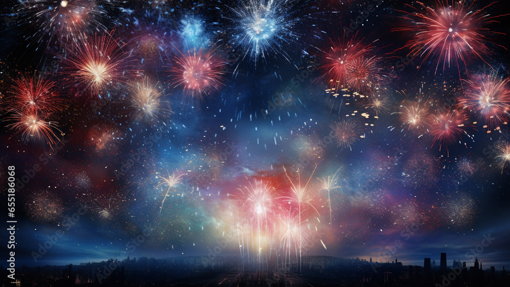 An abstract painting of fireworks exploding in a milky way-like shape.