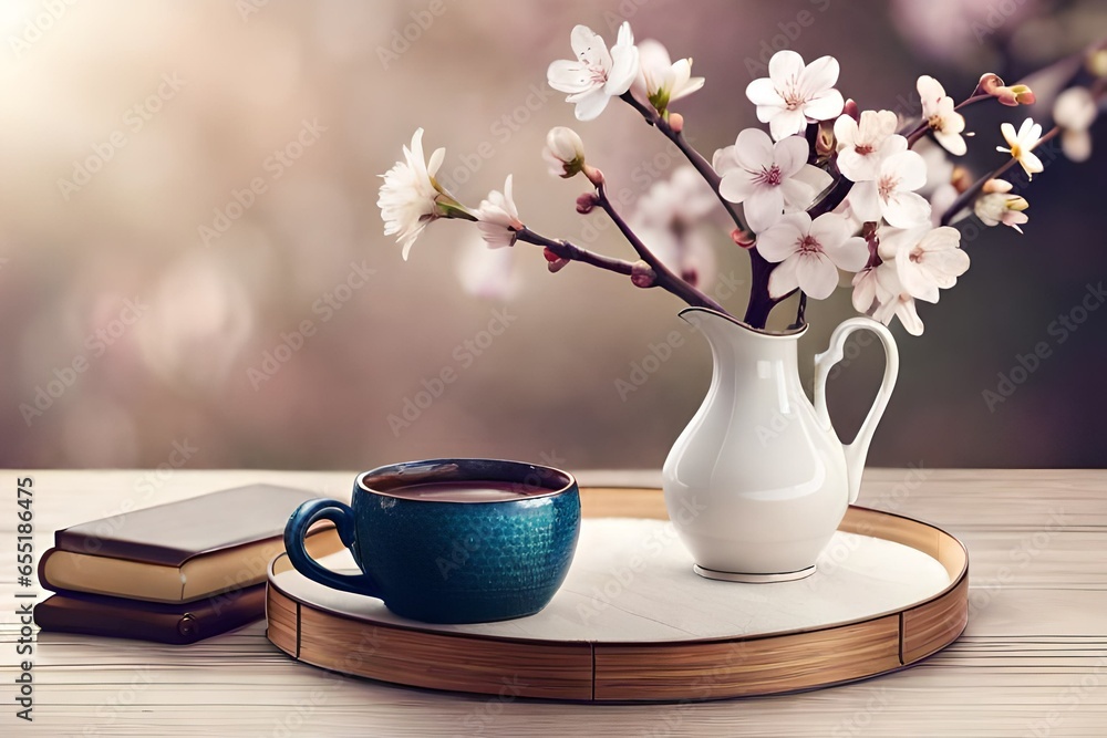 Spring interior still life. Cup of coffee, tea