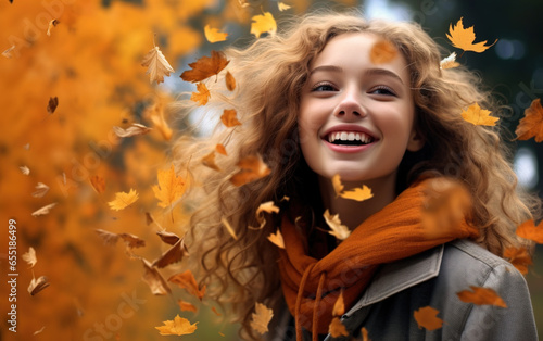 A beautiful lady playing with leaves in autumn