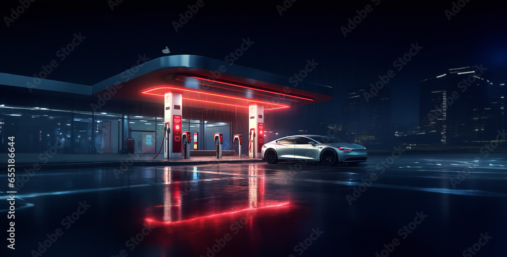 traffic in night, cinematic electric vehicle charging pump on highway