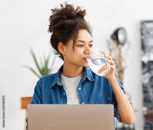 Healthy lifestyle concept. Happy African American woman entrepreneur or employee drinking clean water sitting in the office