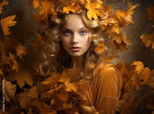A beautiful lady playing with leaves in autumn © Bogdan