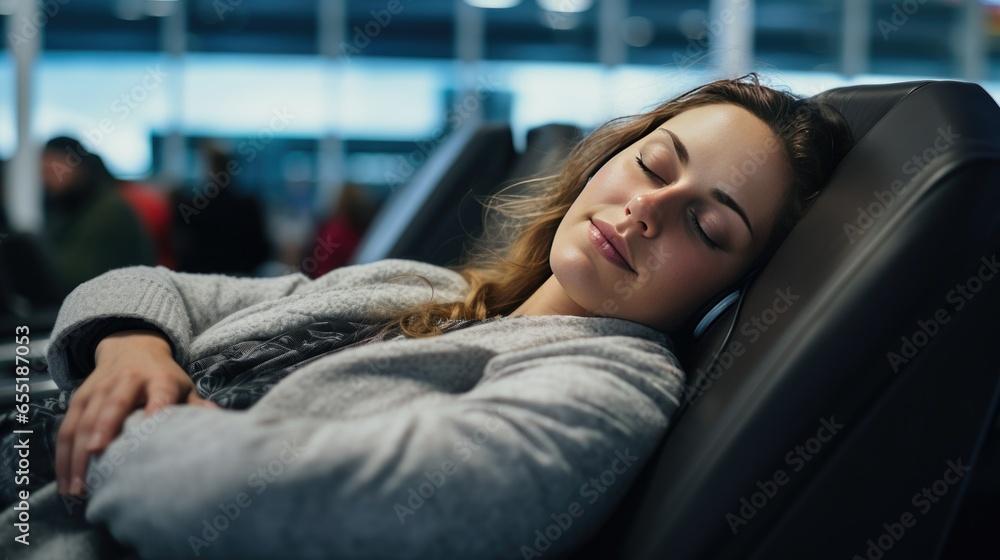 Peaceful traveler taking a nap in airport lounge, embracing tranquility and serenity. Soft, warm lighting accentuates relaxed body and closed eyes. Canon EF 50mm f/1.2L USM lens captures restful mood Peaceful traveler taking a nap in airport lounge, embracing tranquility and serenity. Soft, warm lighting accentuates relaxed body and closed eyes. Canon EF 50mm f/1.2L USM lens captures restful mood