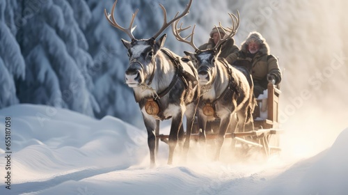 A man controls a team of reindeer © cherezoff