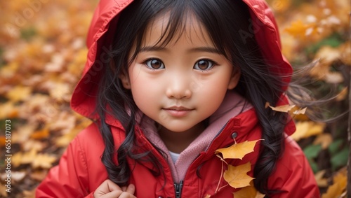 close up of little girl. child with autumn fall leaves wearing a red jacket.