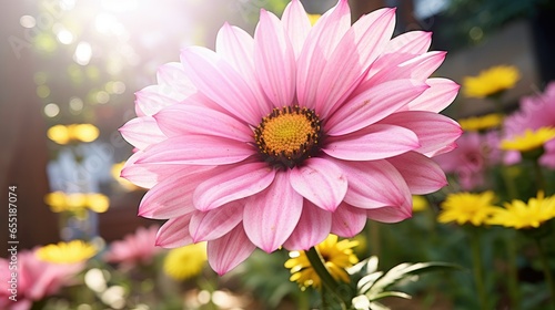 Close-up shot of a vibrant  blooming flower in a garden  bathed in natural sunlight. Captured with Canon EOS 5D Mark IV and Canon EF 100mm f 2.8L Macro IS USM lens  showcasing detailed petals and bot