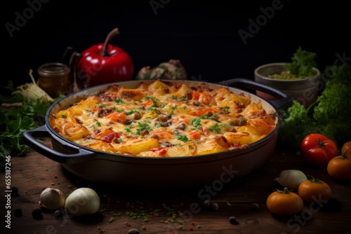 Gastronomic Delight of the Iconic Flygande Jacob Casserole - A Mouthwatering Swedish Culinary Masterpiece with Creamy Chicken, Spicy Bacon, and Crunchy Peanuts, Captured in photo