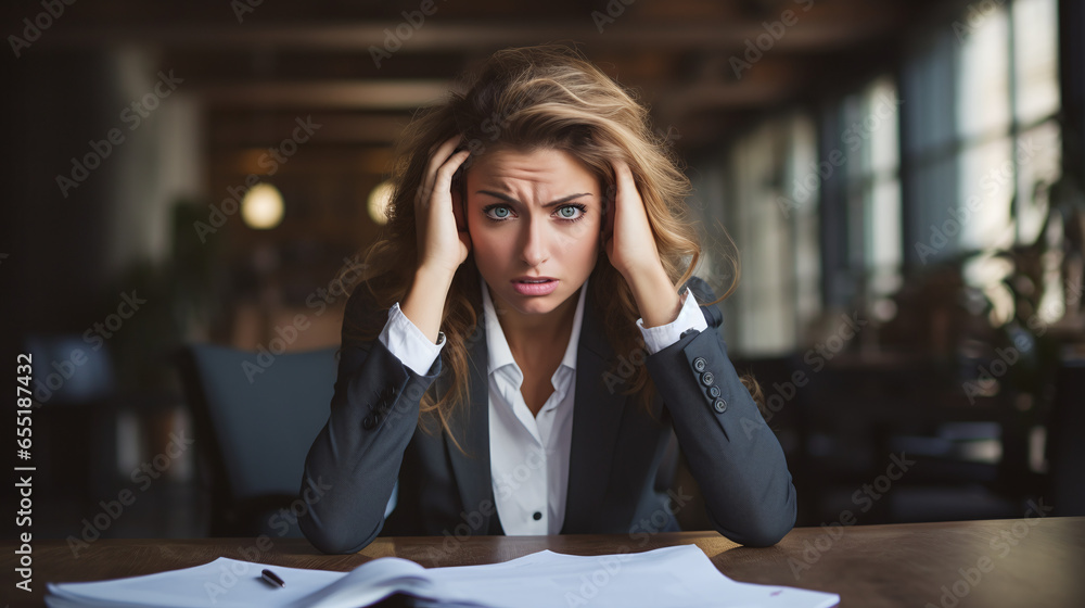 Stressed business woman with her head over her head Stressed business woman with her head over her head