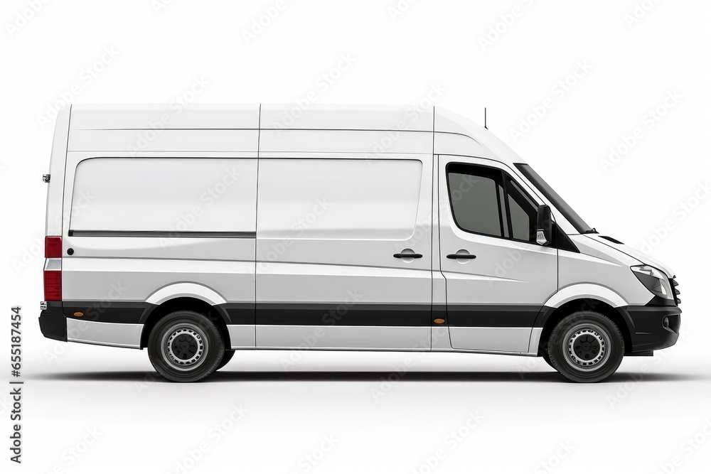 Clean blank white delivery van isolated on empty background, side view of plain car cargo carrier with large space for design, transportation logistics mockup Generative AI 