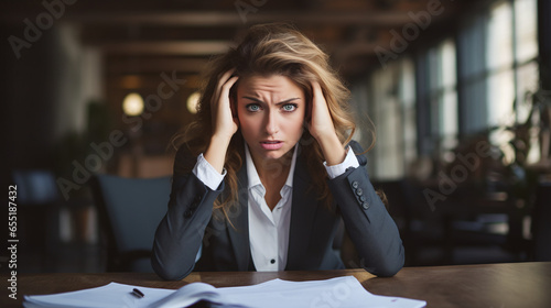 Stressed business woman with her head over her head photo