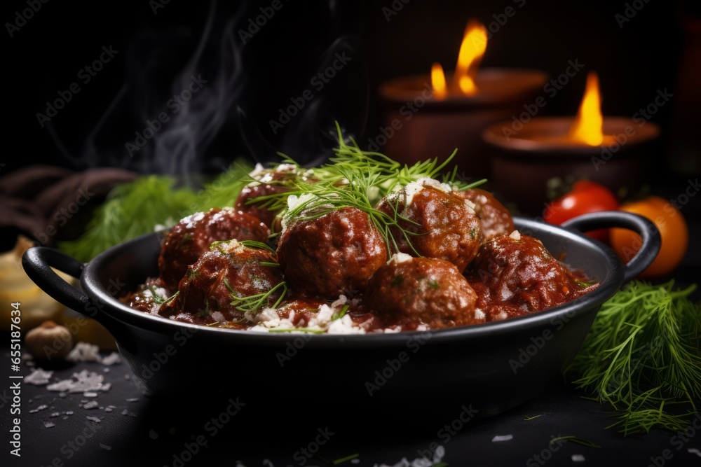 A Mouthwatering Close-Up of Homemade Finnish Lihapullat: Bursting with Flavor, these Savory Traditional Meatballs are a Gastronomic Delicacy, Perfectly Accompanied by Lingonberry Sauce A Mouthwatering Close-Up of Homemade Finnish Lihapullat: Bursting with Flavor, these Savory Traditional Meatballs are a Gastronomic Delicacy, Perfectly Accompanied by Lingonberry Sauce