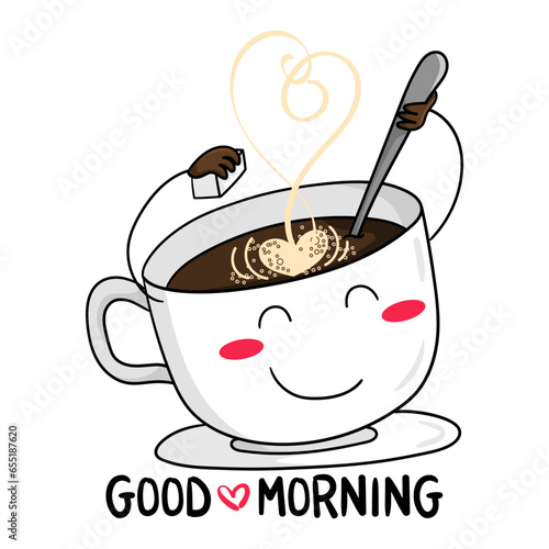 Illustration of a cup of coffee pouring a sugar cube into it and stirring it with a spoon, print design