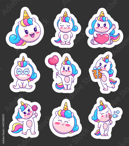 Cute unicorn character. Sticker Bookmark. Funny pony cartoon. Vector drawing. Collection of design elements.