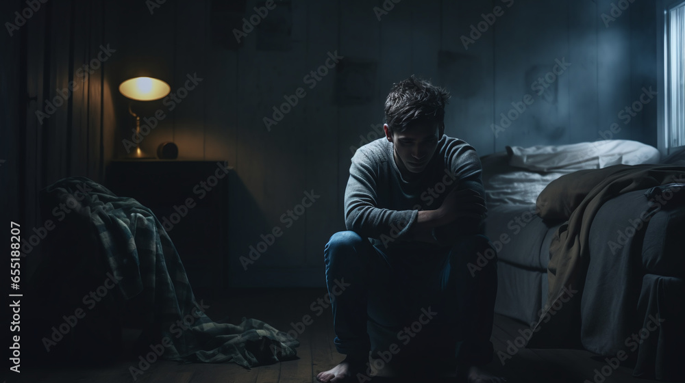 Depressed man sits alone in her dark room