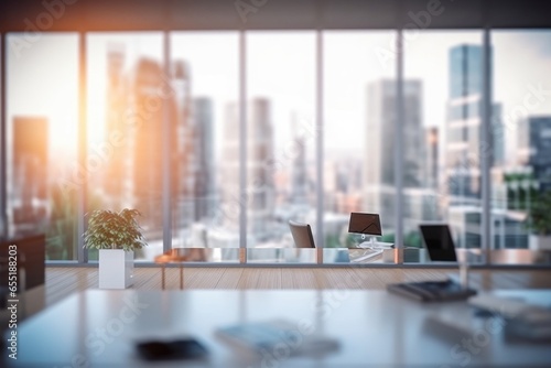Blurred large modern office workspace in the morning   interior workplace with cityscape for business presentation background  Generative AI