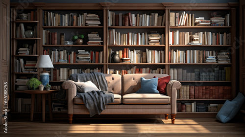 A home library with wall-to-wall bookshelves and a comfortable reading nook photo