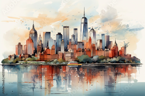 Watercolor splash with hand drawn sketch of Manhattan city. © Maria