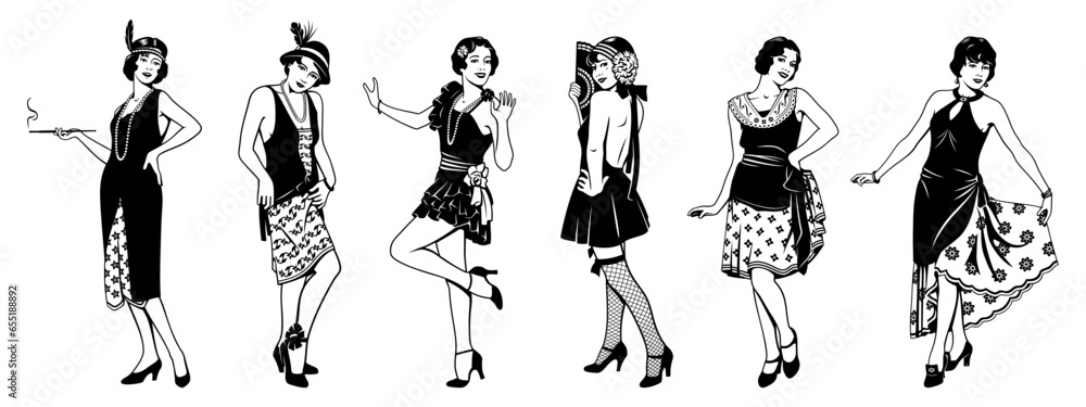 Fototapeta premium Pretty women of 20s. Flapper Girls Collection. Black and white ink style vector cliparts isolated on white.