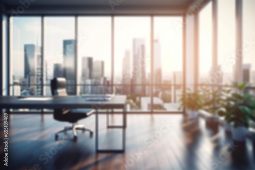 Blurred large modern office workspace in the morning , interior workplace with cityscape for business presentation background, Generative AI
