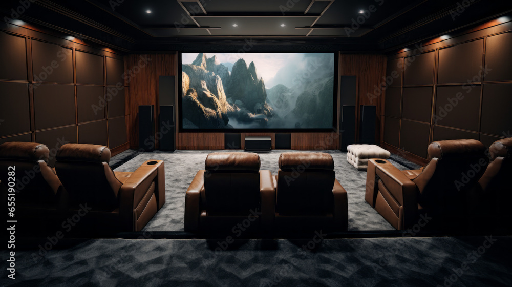 A home theater with leather reclining seats, a giant screen, and surround sound - obrazy, fototapety, plakaty 