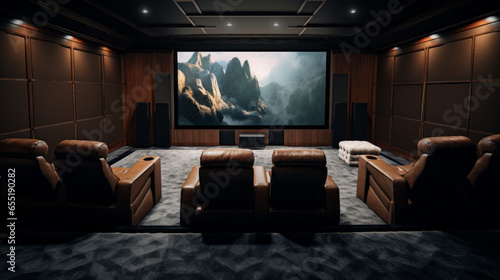 A home theater with leather reclining seats, a giant screen, and surround sound