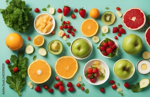 fruit and vegetables on colored background