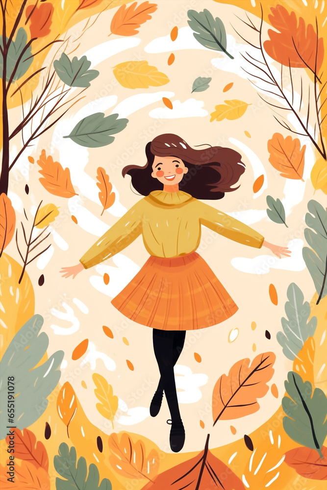 Leaf autum happy women holiday cute character cartoon art active meditating nature design fall Leaf autum happy women holiday cute character cartoon art active meditating nature design fall
