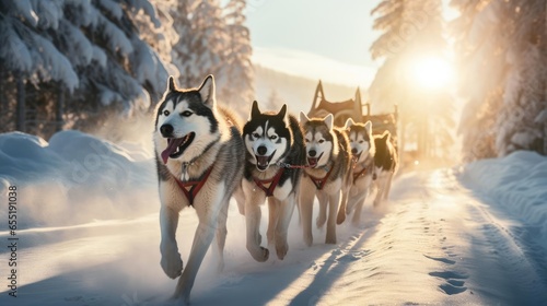 Husky dogs pulling a sled photo