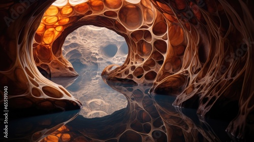 Fotografia Illuminated underground sandstone cavern with crystal clear water pools and wall erosion, bright orange and fire red glow from sunshine