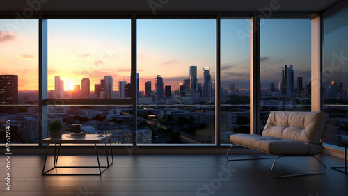 Interior of a high-rise luxury apartment with a great view of the city