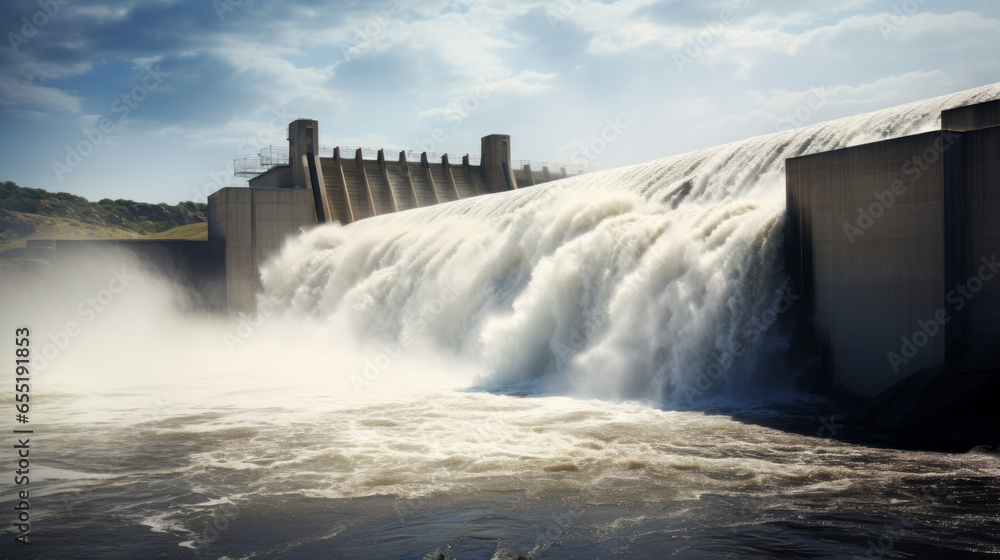 A hydroelectric dam's spillway, releasing excess water with tremendous force - obrazy, fototapety, plakaty 