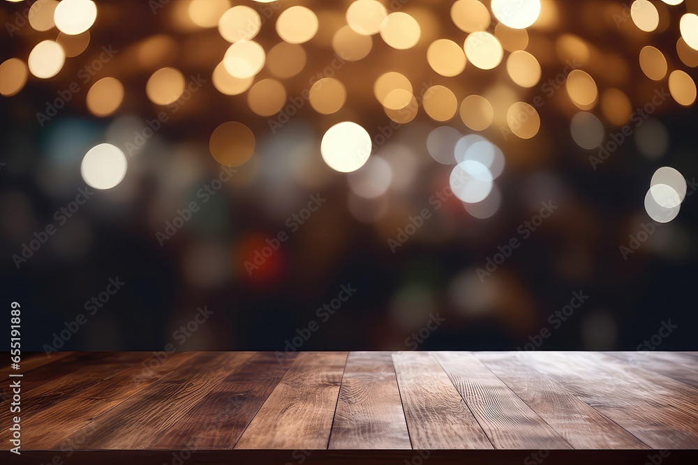 Empty Dark Wooden Table In Front Of Abstract Blurred Bokeh Background Of Restaurant, Perfect For Product Displays Mockup . Сoncept Wooden Table, Blurred Background, Restaurant, Product Display