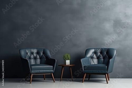 Dark Room With Blue Navy Armchairs, Modern Interior Design Mockup With Gray Wall Background Mockup . Сoncept Dark Room, Blue Navy Armchairs, Modern Interior Design, Gray Wall Background