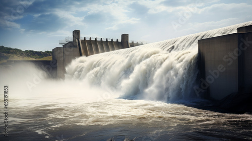 A hydroelectric dam's spillway, releasing excess water with tremendous force