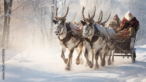 A man controls a team of reindeer © cherezoff
