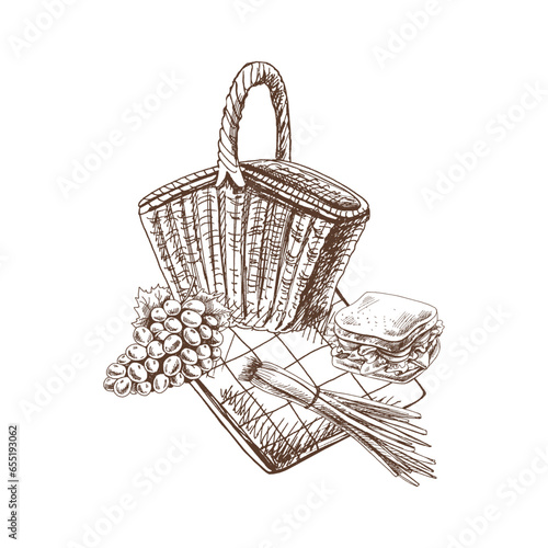 Hand-drawn sketche of barbecue and picnic elements. Picnic basket, sandwich, feather onion, bunch of grapes, tablecloth. For the design of the menu of restaurants and cafes.