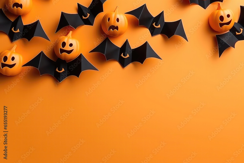 Fototapeta premium Halloween Decorations, Bats, And Ghosts On Orange Background Mockup . Сoncept Halloween Decorations, Bats, Ghosts, Orange Background