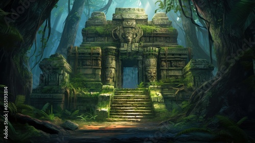 Illustration depicting an exquisite ancient temple nestled within a lush jungle. © Chingiz