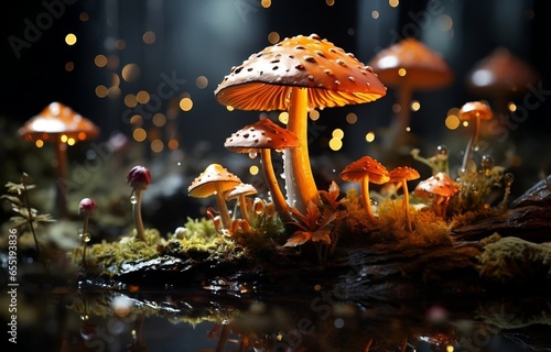 3d mushroom in a forest with moss and mushroom spots