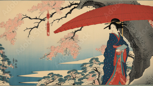The Queen of Flowers depicted in traditional Japanese painting, ukiyoe