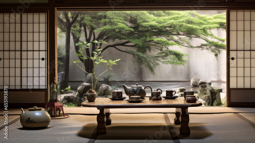 A Japanese-inspired tea room with tatami mats, low seating, and a bamboo tea set photo