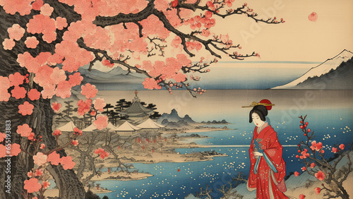 The Queen of Flowers depicted in traditional Japanese painting, ukiyoe