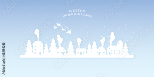 Winter wonderland paper cut style vector illustration. Merry Christmas and Happy New Year greeting card template.
