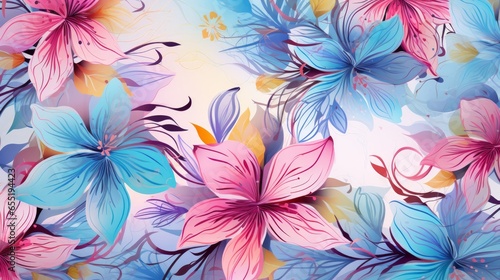 Seamless pattern featuring flowers on a pink, blue, and orange background. Pink floral backdrop. Vector illustration of a watercolor-textured, abstract floral design suitable for textiles and art.