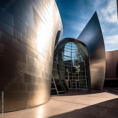 The futuristic and unique design of the Walt Disney Concert Hall in Los Angeles, with its curving stainless steel exterior and striking geometric shapes. (Medium: Photography, style: Futuristic, color
