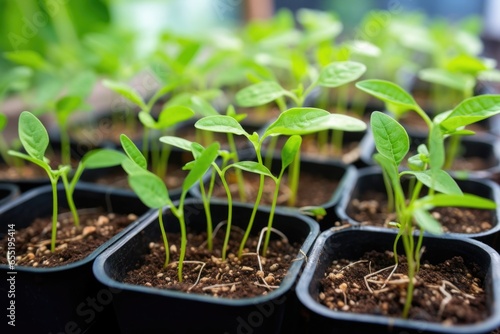 a close-up of tiny chili pepper seedlings in a greenhouse