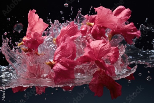 a handful of hibiscus petals falling onto a reflective surface